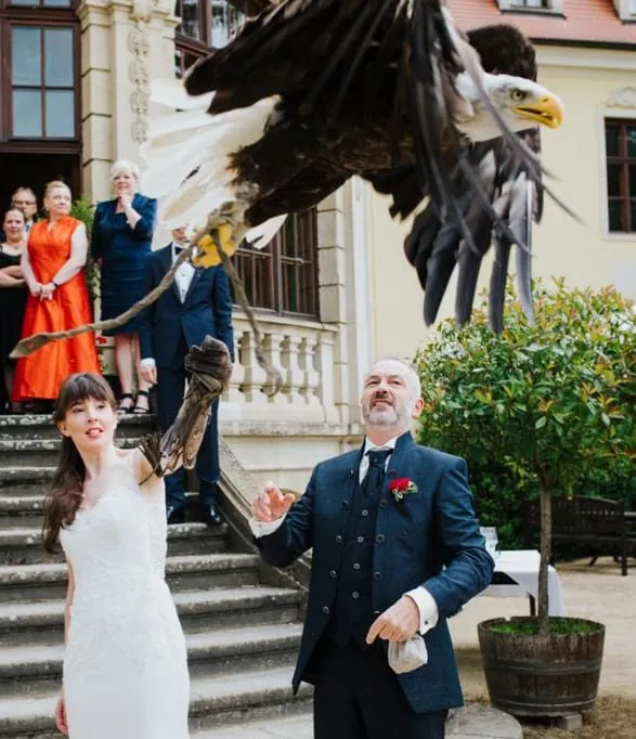 Ein Greifvogel fliegt mit den Ringen zu einem Brautpaar vor einer Treppe, Gäste schauen zu