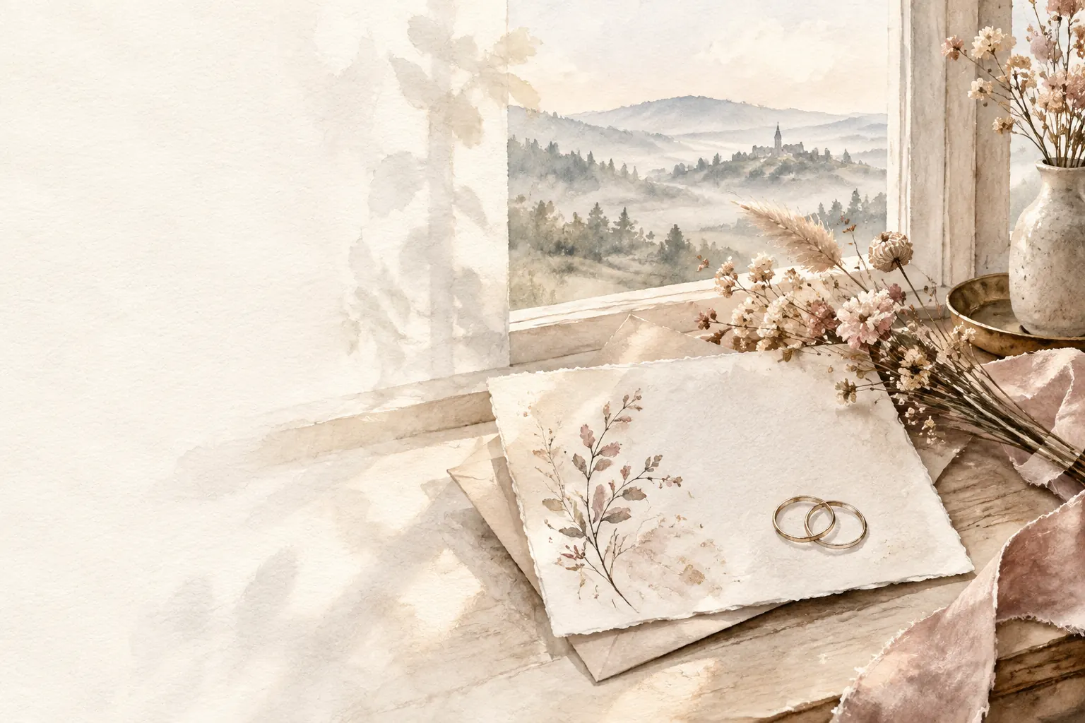 Aquarell-Illustration einer Hochzeitseinladung mit Eheringen am Fenster und Blick über das Erzgebirge